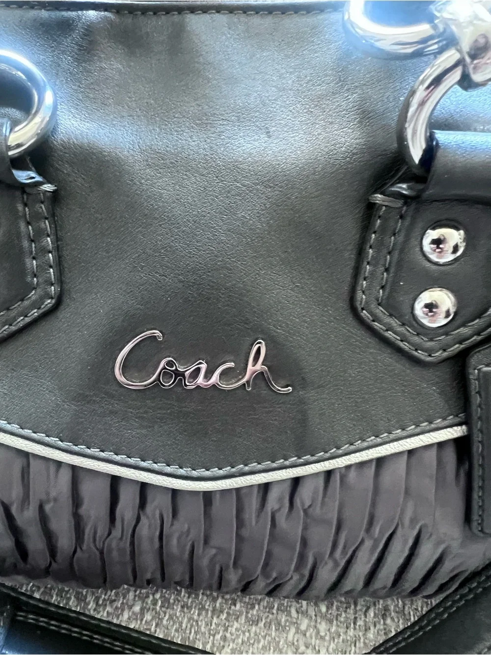 COACH F20084 Ashley Gathered Sateen Satchel Charcoal Gray Silver Hardware